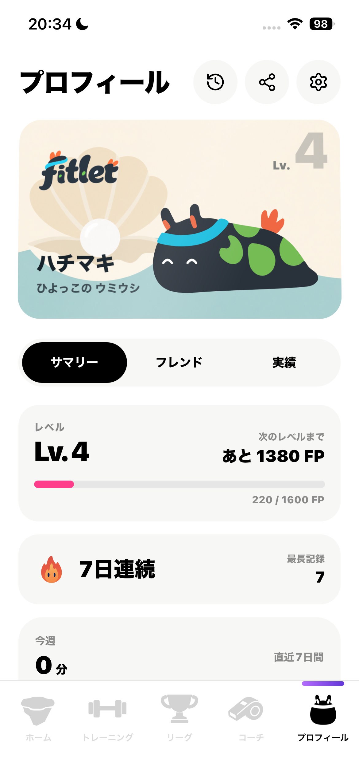 Fitletプロフィール。ハチマキと7日連続の記録